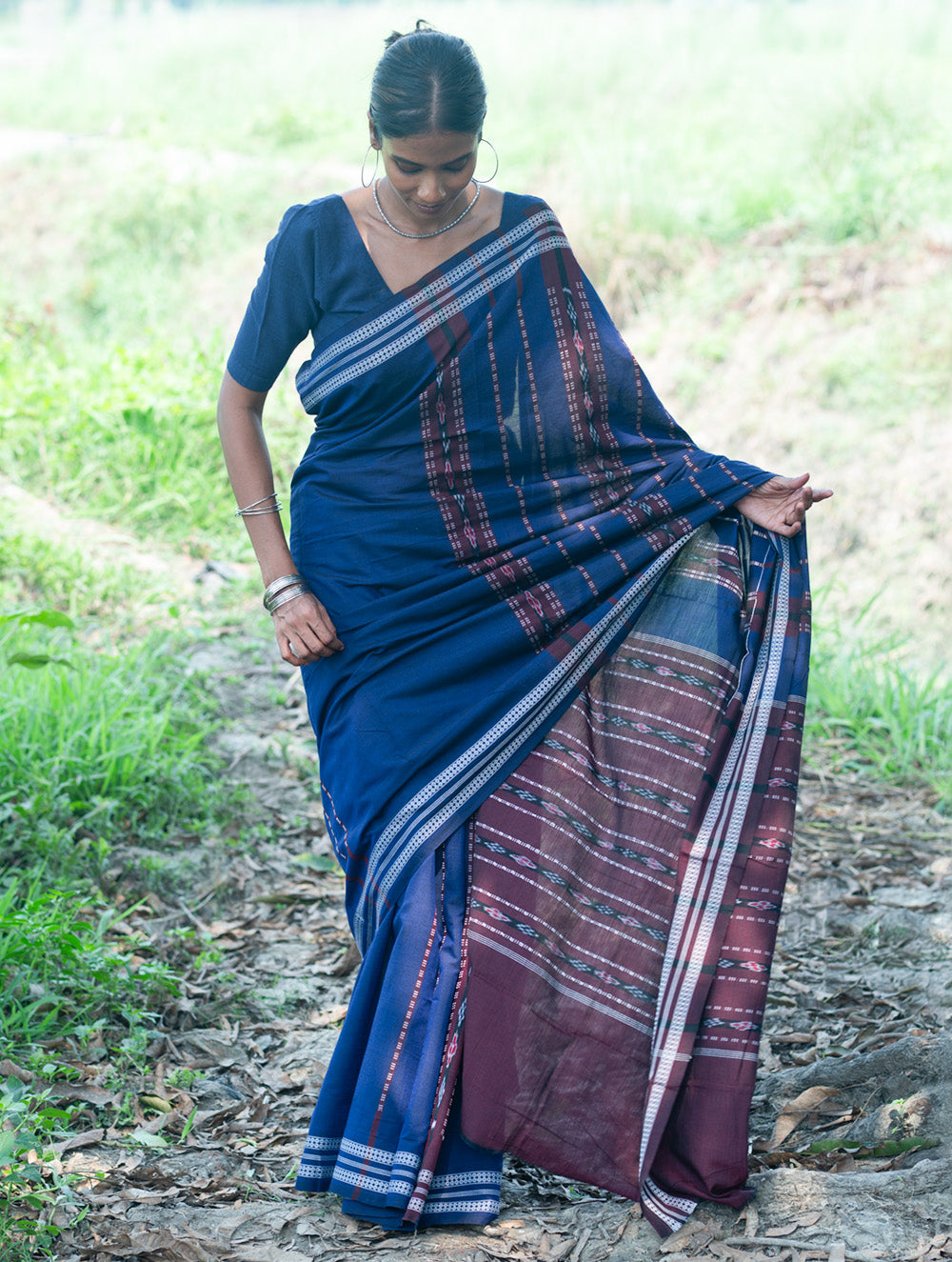 Sambalpuri Handwoven Ikat Soft Cotton Saree - Indra Neel