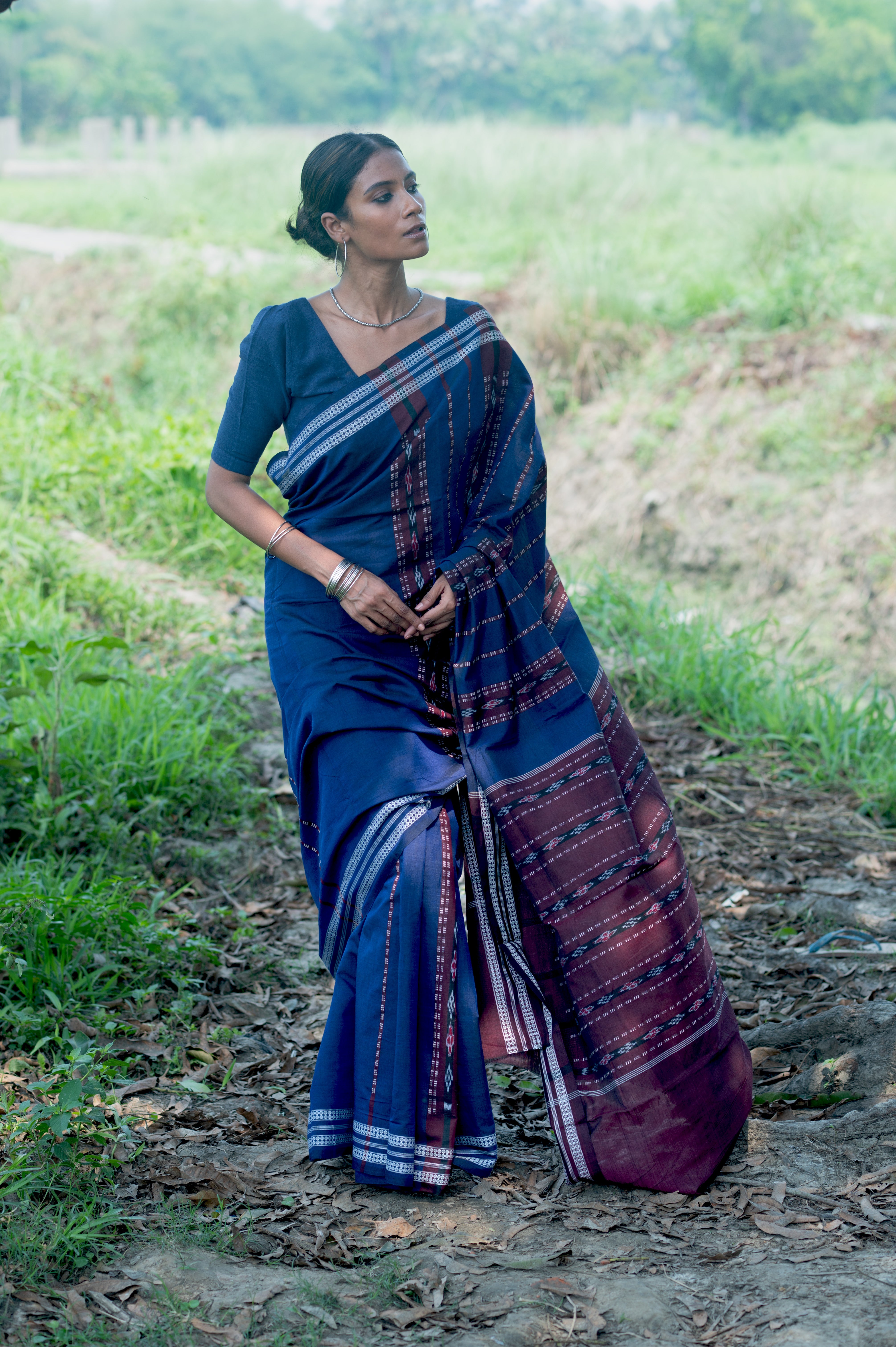 Sambalpuri Handwoven Ikat Soft Cotton Saree - Indra Neel