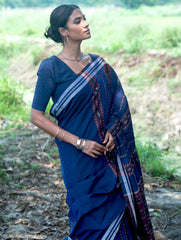 Sambalpuri Handwoven Ikat Soft Cotton Saree - Indra Neel