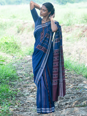 Sambalpuri Handwoven Ikat Soft Cotton Saree - Indra Neel