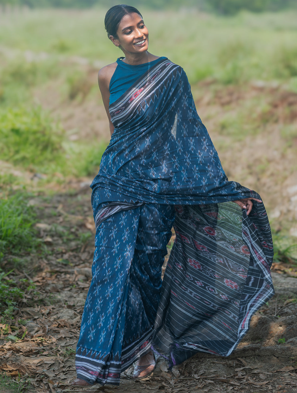 Sambalpuri Handwoven Ikat Soft Cotton Saree - Neel Nishith
