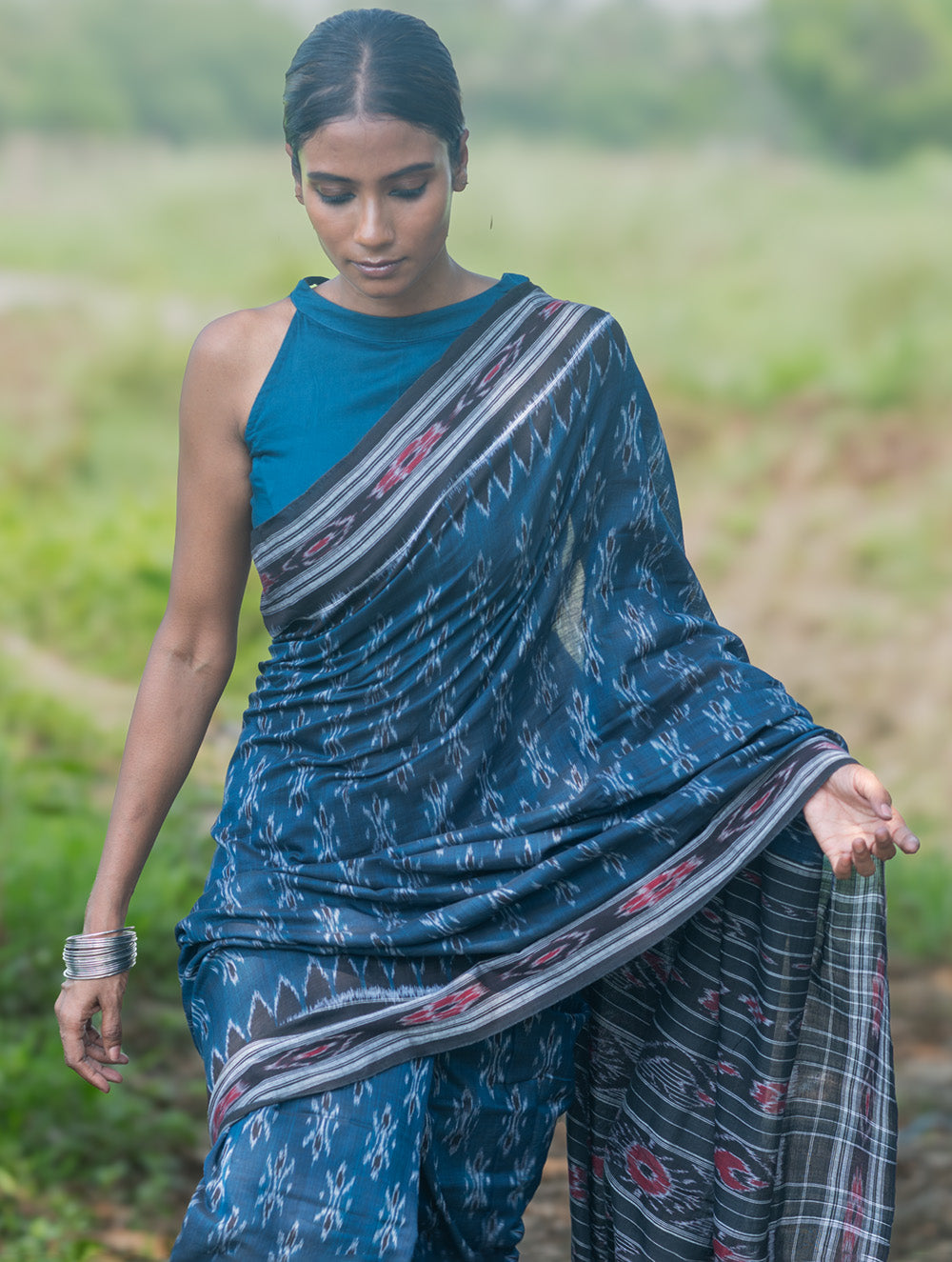 Sambalpuri Handwoven Ikat Soft Cotton Saree - Neel Nishith