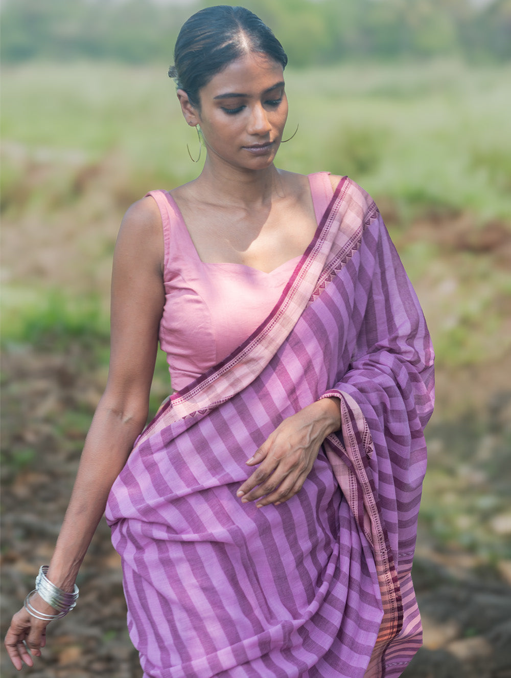 Bengal Weaves. Handwoven Cotton Saree - Lavender Rekha