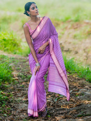 Bengal Weaves. Handwoven Cotton Saree - Lavender Rekha