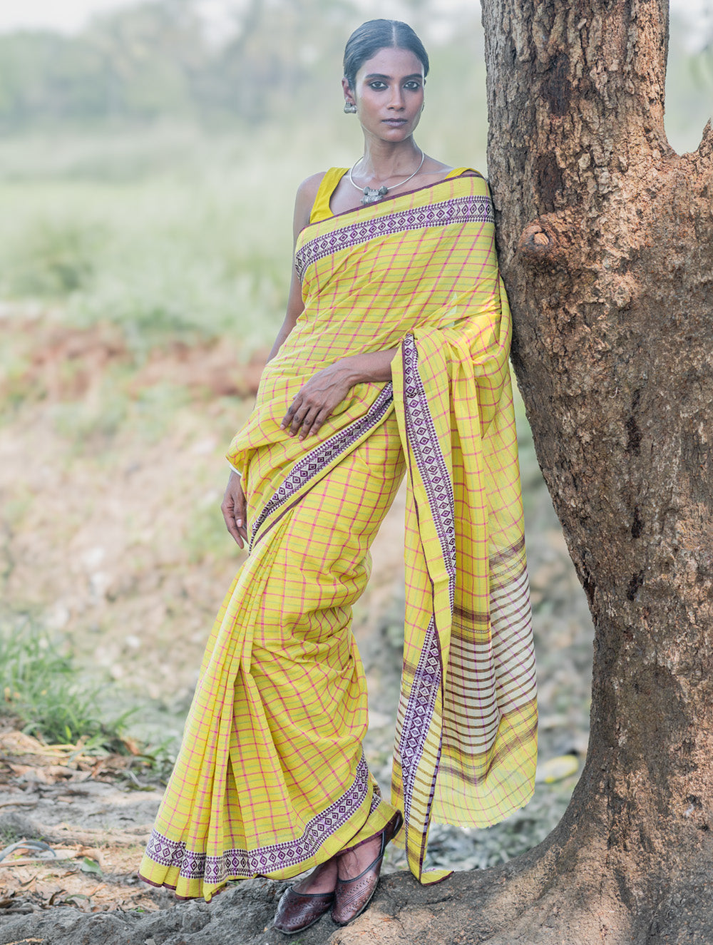Bengal Weaves. Handwoven Cotton Saree - Haridra Rekh
