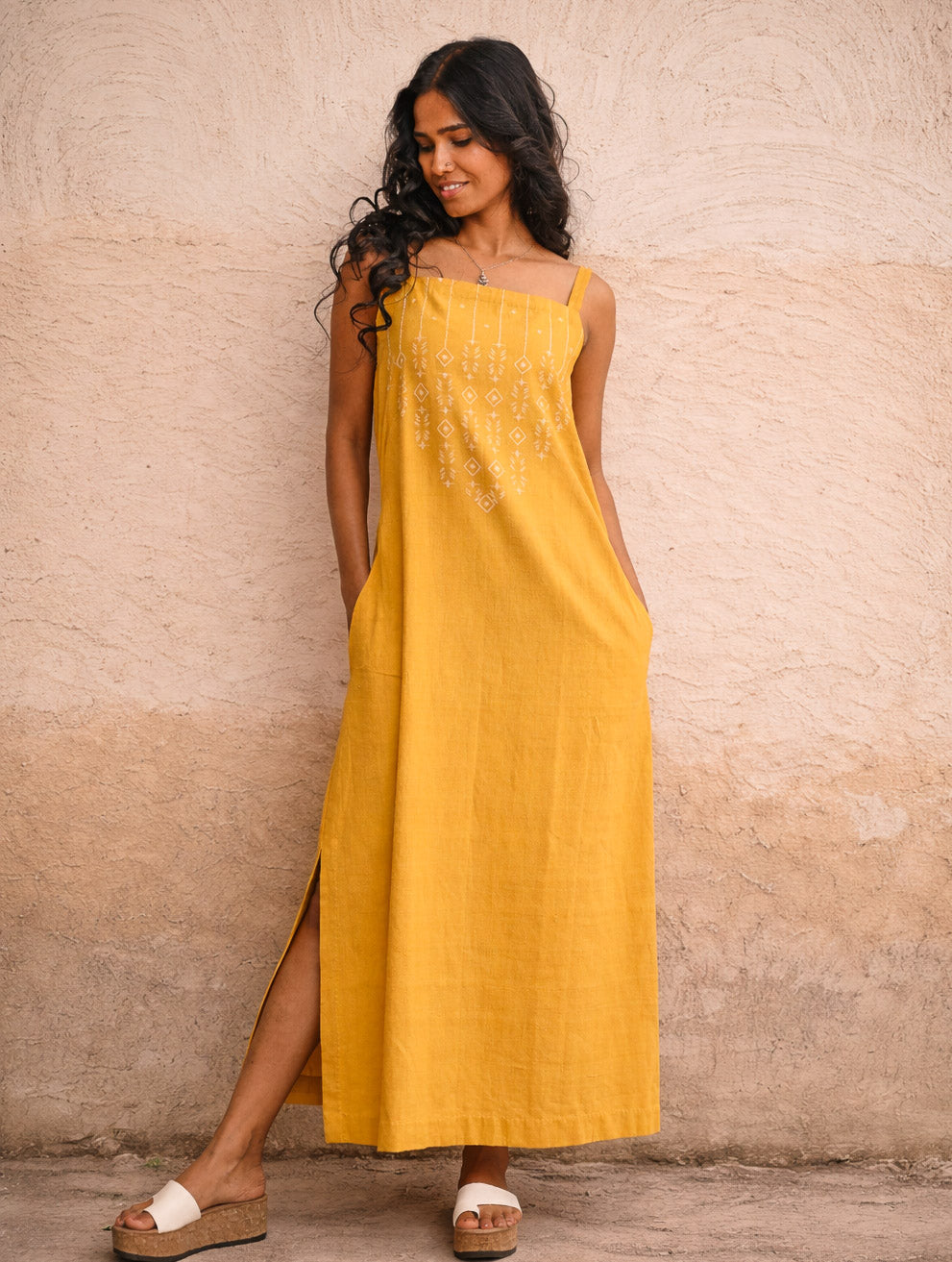 Cool Classics. Handwoven Kashida Pattu Strap Dress - Sunshine Straps