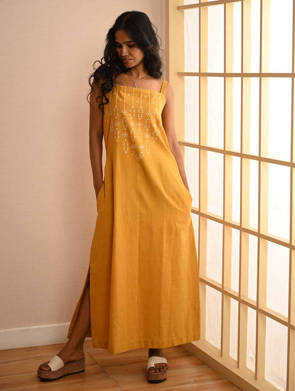 Cool Classics. Handwoven Kashida Pattu Strap Dress - Sunshine Straps