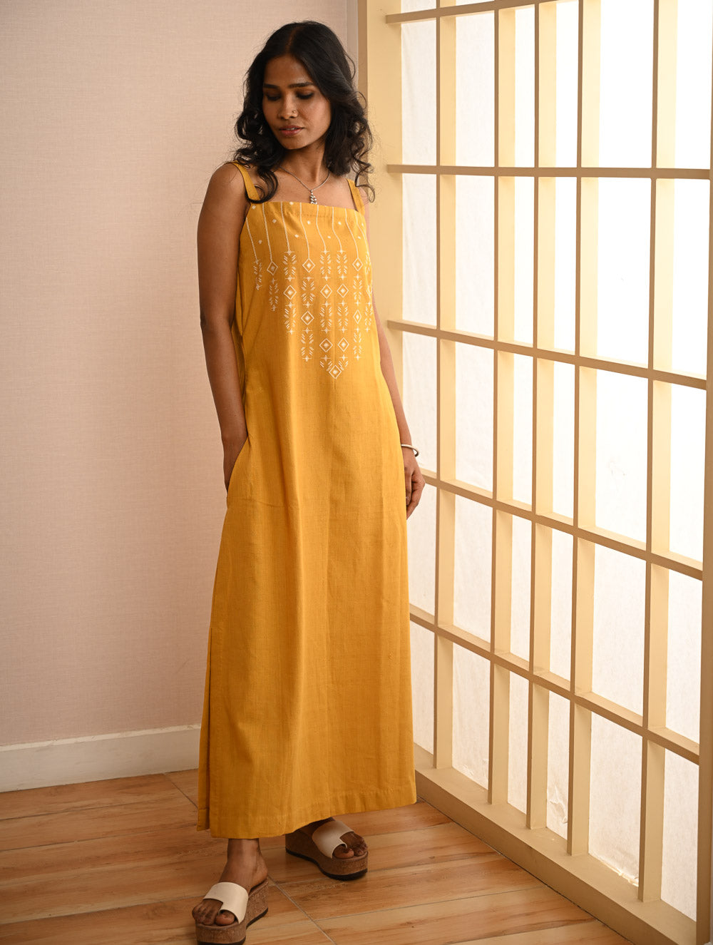 Cool Classics. Handwoven Kashida Pattu Strap Dress - Sunshine Straps
