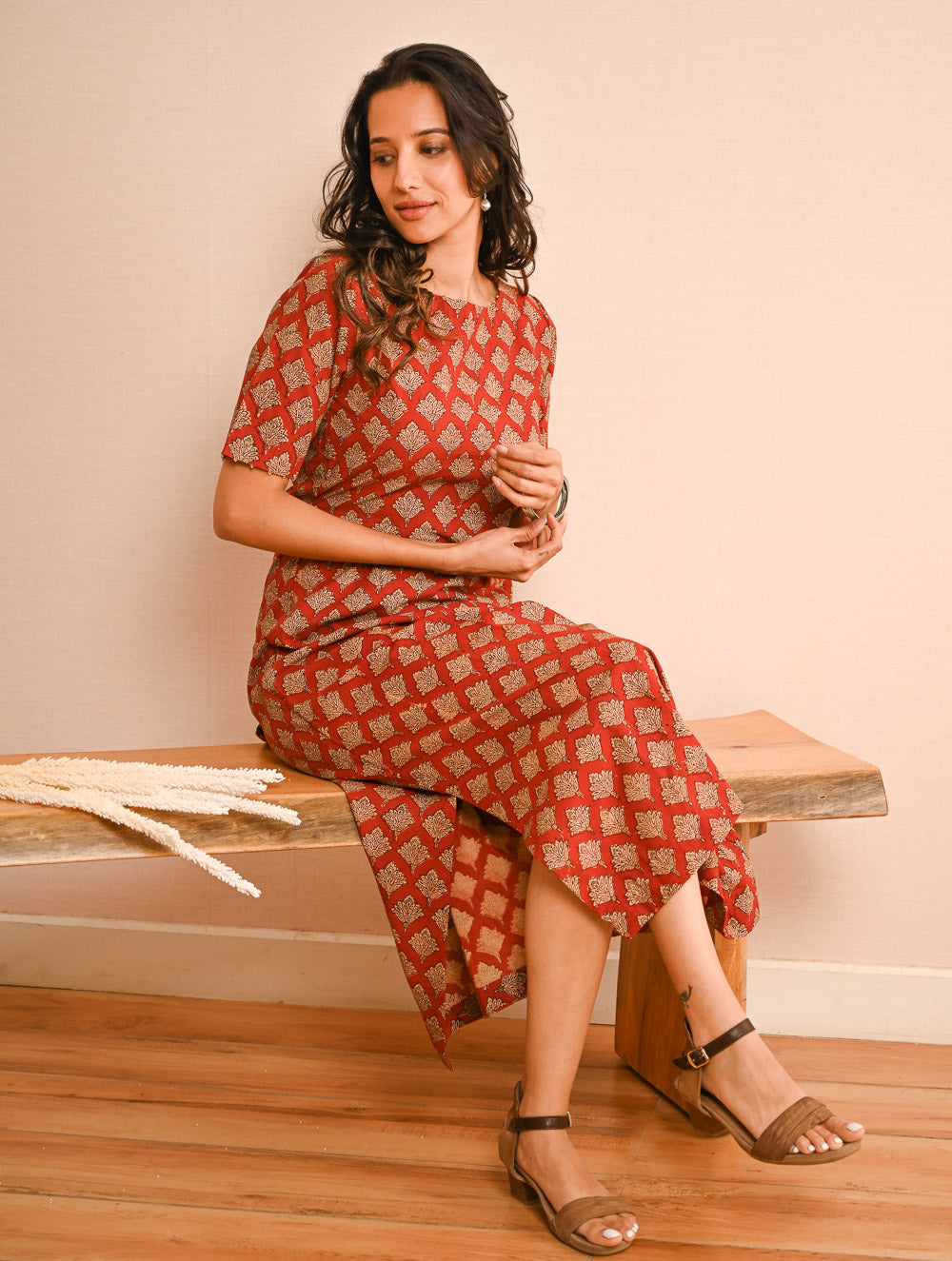 Cool Classics. Bagru Block Printed Easy Dress - Red Ornate