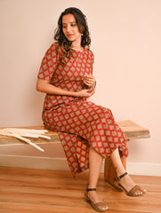 Cool Classics. Bagru Block Printed Easy Dress - Red Ornate
