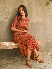 Cool Classics. Bagru Block Printed Easy Dress - Red Ornate