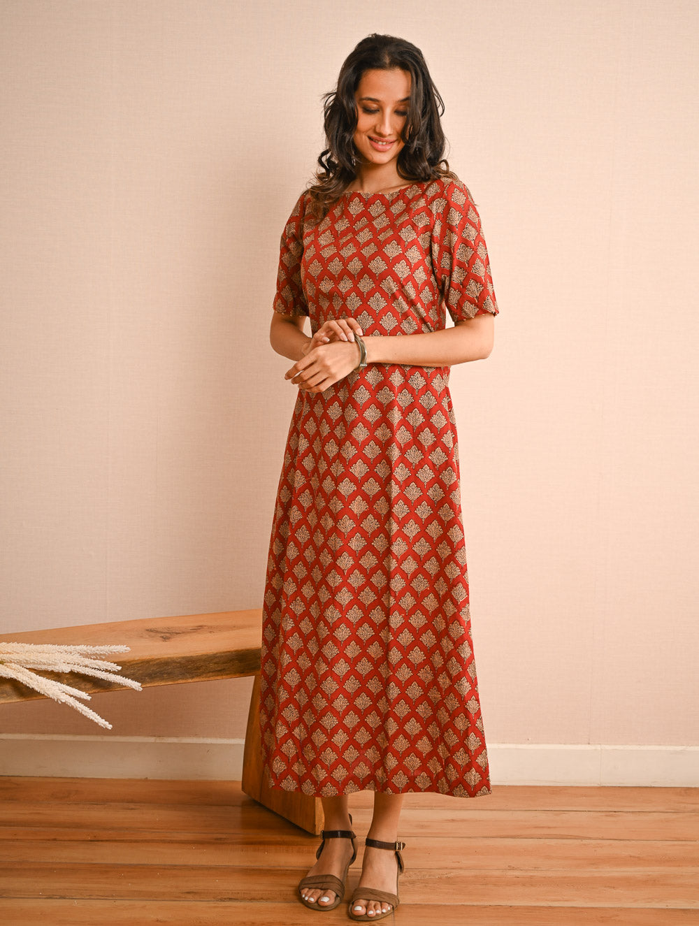 Cool Classics. Bagru Block Printed Easy Dress - Red Ornate