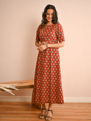 Cool Classics. Bagru Block Printed Easy Dress - Red Ornate