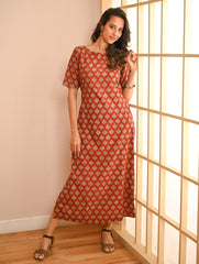 Cool Classics. Bagru Block Printed Easy Dress - Red Ornate