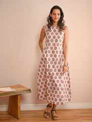 Cool Classics. Sanganer Hand Block Printed Easy Dress - White Roses