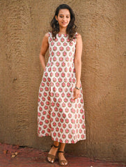 Cool Classics. Sanganer Hand Block Printed Easy Dress - White Roses