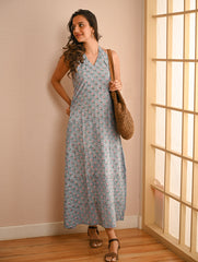 Cool Classics. Sanganer Hand Block Printed Halter Dress - Blue Roses