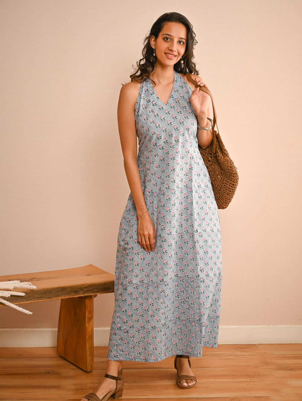Cool Classics. Sanganer Hand Block Printed Halter Dress - Blue Roses