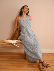Cool Classics. Sanganer Hand Block Printed Halter Dress - Blue Roses