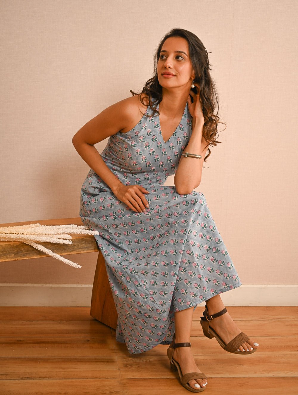 Cool Classics. Sanganer Hand Block Printed Halter Dress - Blue Roses