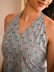 Cool Classics. Sanganer Hand Block Printed Halter Dress - Blue Roses