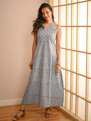 Cool Classics. Sanganer Hand Block Printed Halter Dress - Blue Roses