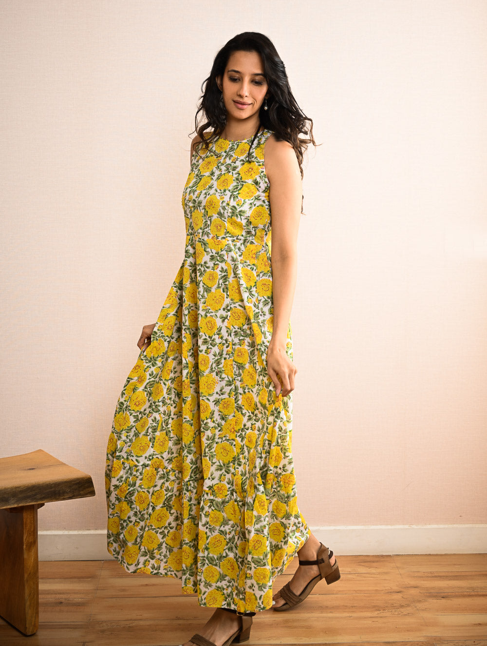 Cool Classics. Sanganer Hand Block Printed Easy Dress - Floral Sunshine