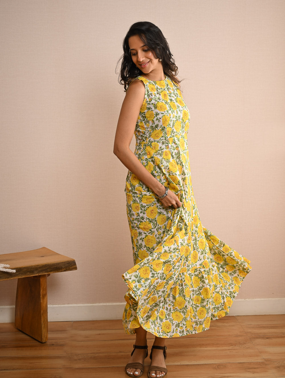 Cool Classics. Sanganer Hand Block Printed Easy Dress - Floral Sunshine