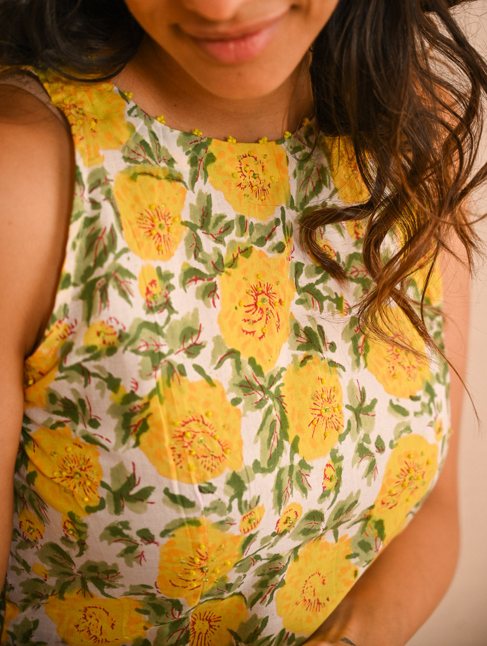 Cool Classics. Sanganer Hand Block Printed Easy Dress - Floral Sunshine
