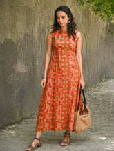 Cool Classics. Sanganer Hand Block Printed Easy Dress - Orange Sprigs