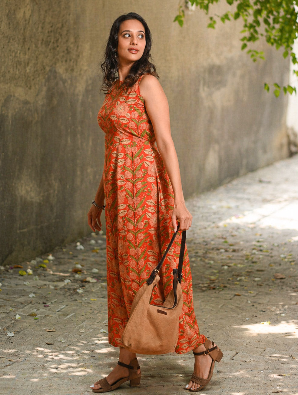 Cool Classics. Sanganer Hand Block Printed Easy Dress - Orange Sprigs