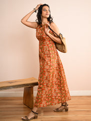 Cool Classics. Sanganer Hand Block Printed Easy Dress - Orange Sprigs
