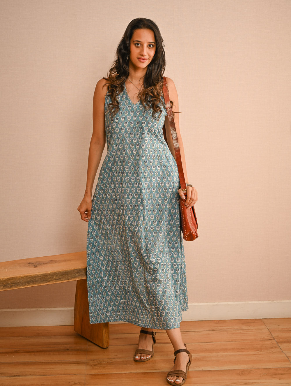 Cool Classics. Sanganer Hand Block Printed Halter Dress - Turquoise Florets