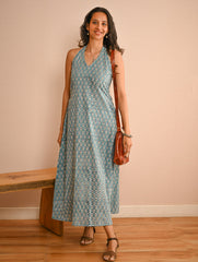 Cool Classics. Sanganer Hand Block Printed Halter Dress - Turquoise Florets
