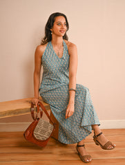 Cool Classics. Sanganer Hand Block Printed Halter Dress - Turquoise Florets