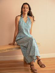 Cool Classics. Sanganer Hand Block Printed Halter Dress - Turquoise Florets