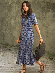 Cool Classics. Sanganer Hand Block Printed Easy Dress - Blue Lotus