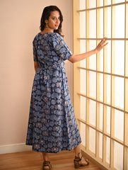 Cool Classics. Sanganer Hand Block Printed Easy Dress - Blue Lotus