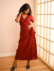 Cool Classics. Bagh Hand Block Printed Wrap Dress - Red Paisley