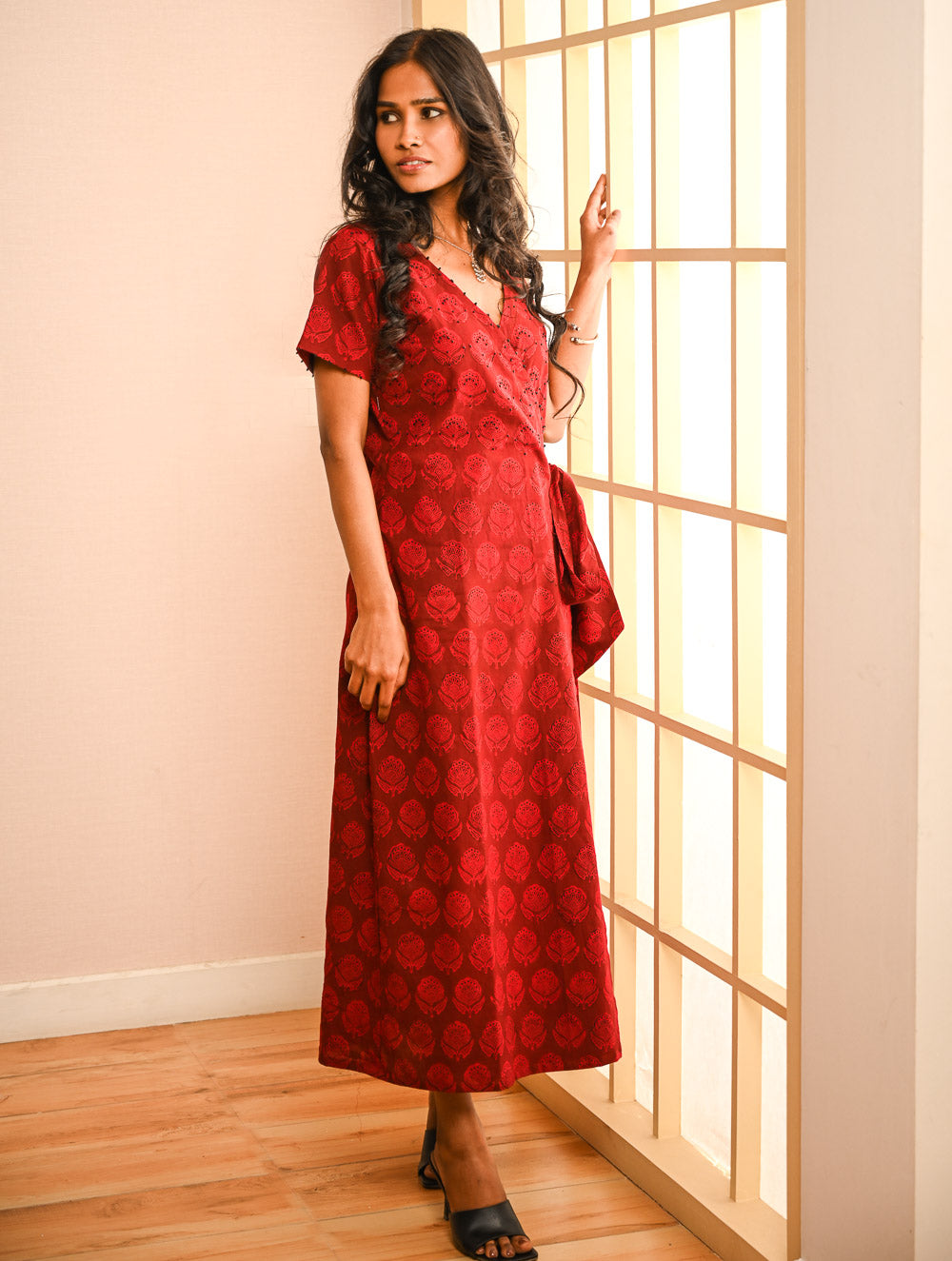 Cool Classics. Bagh Hand Block Printed Wrap Dress - Red Paisley