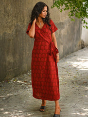 Cool Classics. Bagh Hand Block Printed Wrap Dress - Red Paisley
