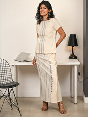 Work Chic. Handwoven Kashida Pattu Wrap Set - Blue Ivory