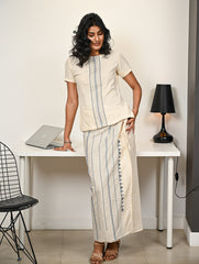 Work Chic. Handwoven Kashida Pattu Wrap Set - Blue Ivory