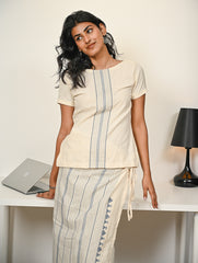 Work Chic. Handwoven Kashida Pattu Wrap Set - Blue Ivory