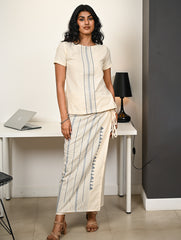 Work Chic. Handwoven Kashida Pattu Wrap Set - Blue Ivory
