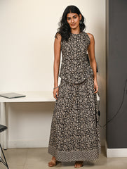 Work Chic. Hand Block Printed Bagru Flared Skirt Set - Black Vine