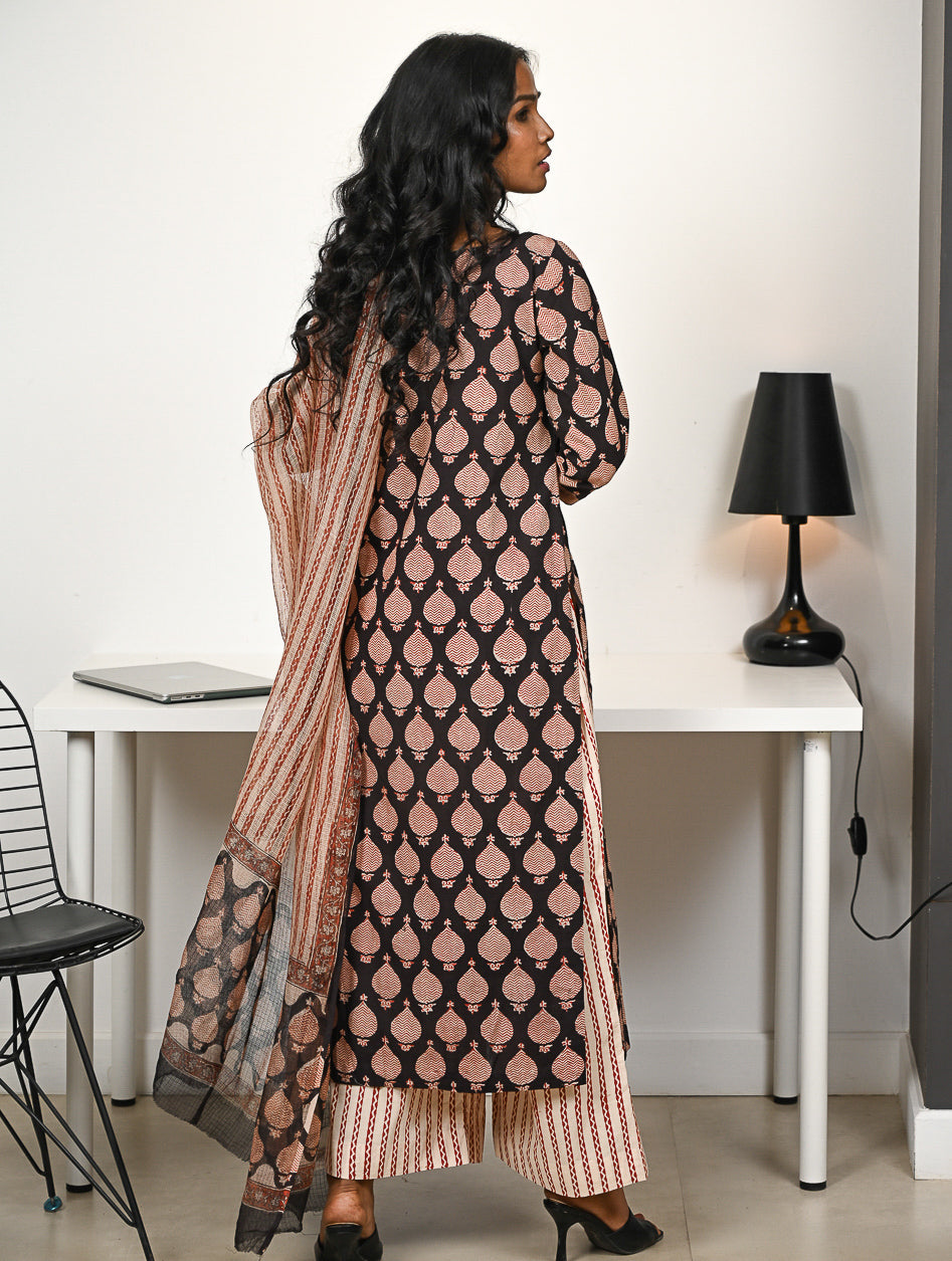 Work Chic. Hand Block Printed Bagru Cotton Kurta Set with Dupatta - Ornate Cocoa