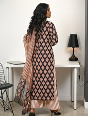 Work Chic. Hand Block Printed Bagru Cotton Kurta Set with Dupatta - Ornate Cocoa