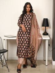 Work Chic. Hand Block Printed Bagru Cotton Kurta Set with Dupatta - Ornate Cocoa