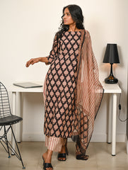 Work Chic. Hand Block Printed Bagru Cotton Kurta Set with Dupatta - Ornate Cocoa